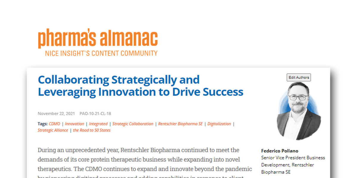 Rentschler Biopharma news article collaborating strategically and leveraging innovation to drive success Rentschler Biopharma news article collaborating strategically and leveraging innovation to drive success